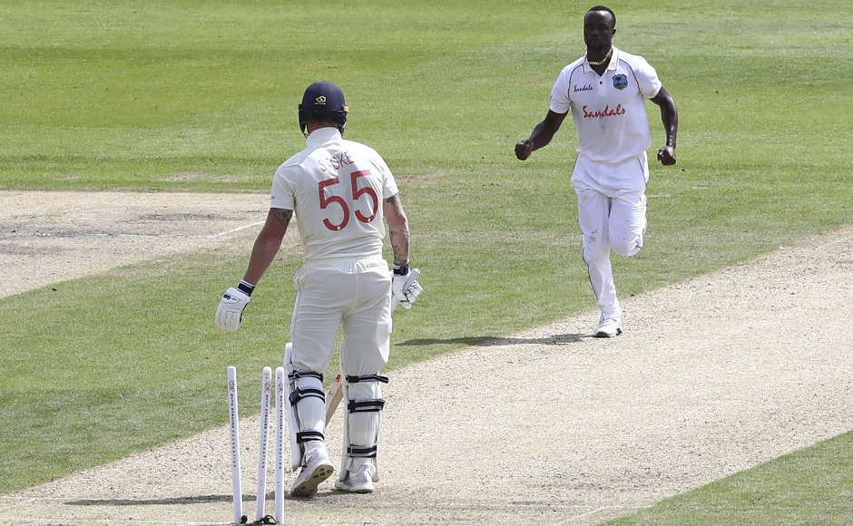 Kemar Roach was the stand-out bowler for West Indies as the pacer picked up four wickets, including the likes of Dom Simbley and Ben Stokes. AP Kemar Roach was the stand-out bowler for West Indies as the pacer picked up four wickets, including the likes of Dom Simbley and Ben Stokes. AP