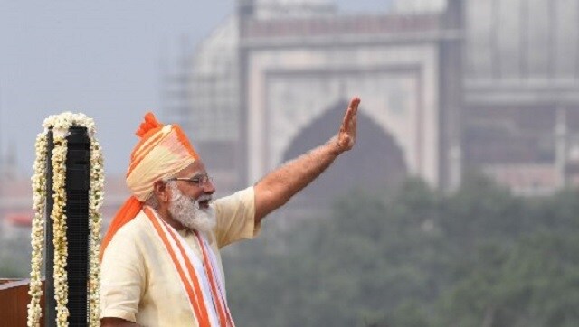 Sporting a saffron and cream headgear, Prime Minister Narendra Modi unfurled the National Flag with the assistance of Major Shweta Pandey. Modi delivered his seventh consecutive speech from the ramparts of the Red Fort. AFP Sporting a saffron and cream headgear, Prime Minister Narendra Modi unfurled the National Flag with the assistance of Major Shweta Pandey. Modi delivered his seventh consecutive speech from the ramparts of the Red Fort. AFP