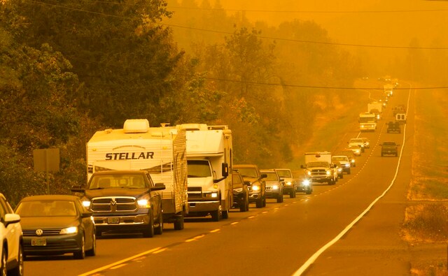 Cars crossing the famous Golden Gate Bridge were forced to switch their lights on throughout the day. Much of the smoke blew down from the north, where the Bear Fire exploded at an unprecedented speed overnight, combining with older blazes to scorch over 250,000 acres and threaten the city of Oroville. AP Cars crossing the famous Golden Gate Bridge were forced to switch their lights on throughout the day. Much of the smoke blew down from the north, where the Bear Fire exploded at an unprecedented speed overnight, combining with older blazes to scorch over 250,000 acres and threaten the city of Oroville. AP
