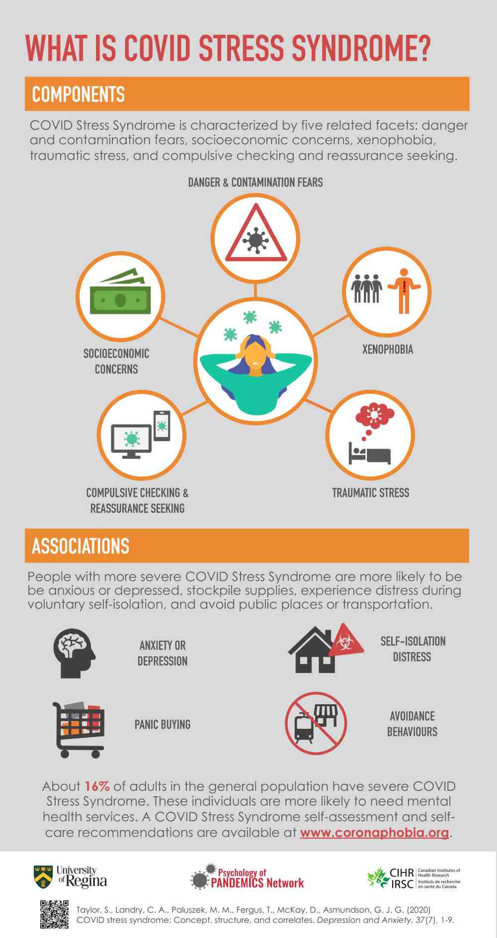 our COVID Stress Scales. These scales assess five core features of COVID-19-related stress: fear of danger and contamination, fear of adverse socio-economic consequences, checking and reassurance seeking, xenophobia (discrimination against foreigners) and traumatic stress symptoms (for example, pandemic-related nightmares). Image credit: author provided