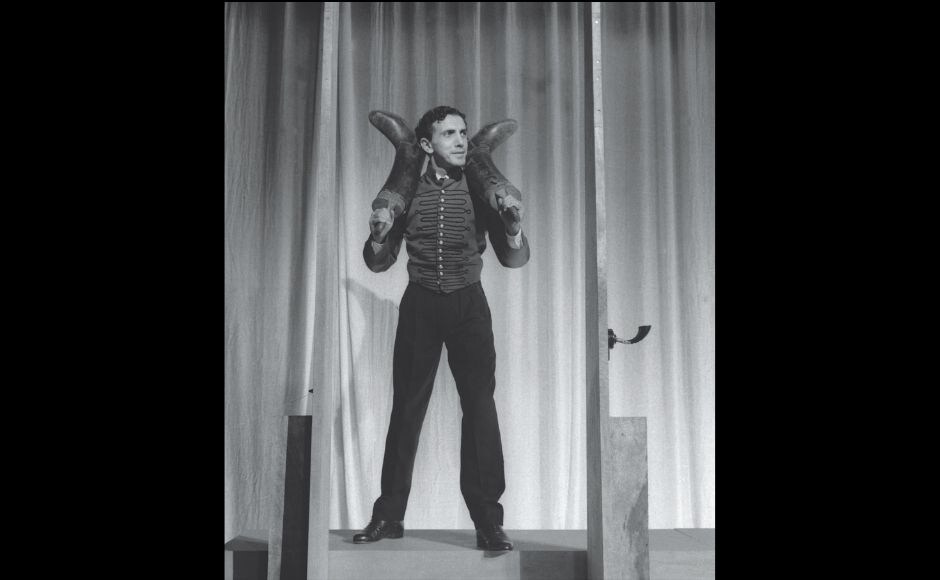 Ebrahim Alkazi as Jean in August Strindberg's <em>Miss Julie</em>, 1960. Of the play, Girish Karnad had said that it opened up new dimensions of the theatre experience to him. In the play, when Alaknanda's Miss Julie comes to the end of her climactic speech, ‘Kill me, kill me too, if you can kill an innocent bird’, that was accompanied by ‘sentimental music’, Alkazi, playing Jean, struck a match and on cue, the lights brightened and the music was killed. Such precision and sophistication of presentation was new to Bombay theatre then.