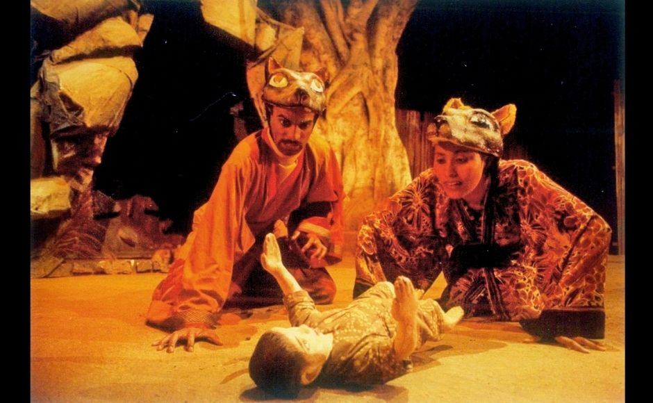 Rudyard Kipling’s Jungle Book was directed by Feisal Alkazi in 1997 for NSD’s Theatre in Education Company as it is the ultimate coming-of-age story. It was retitled <em>Yeh Bhi Jungle, Woh Bhi Jungle</em>. (In the picture) Walter Peter and Seema Diwan with baby Mowgli. In the play, Mowgli experiences every important transition of adolescence: the breaking of rules, attraction to a delinquent subculture, asserting his manhood and finally, a search for his identity