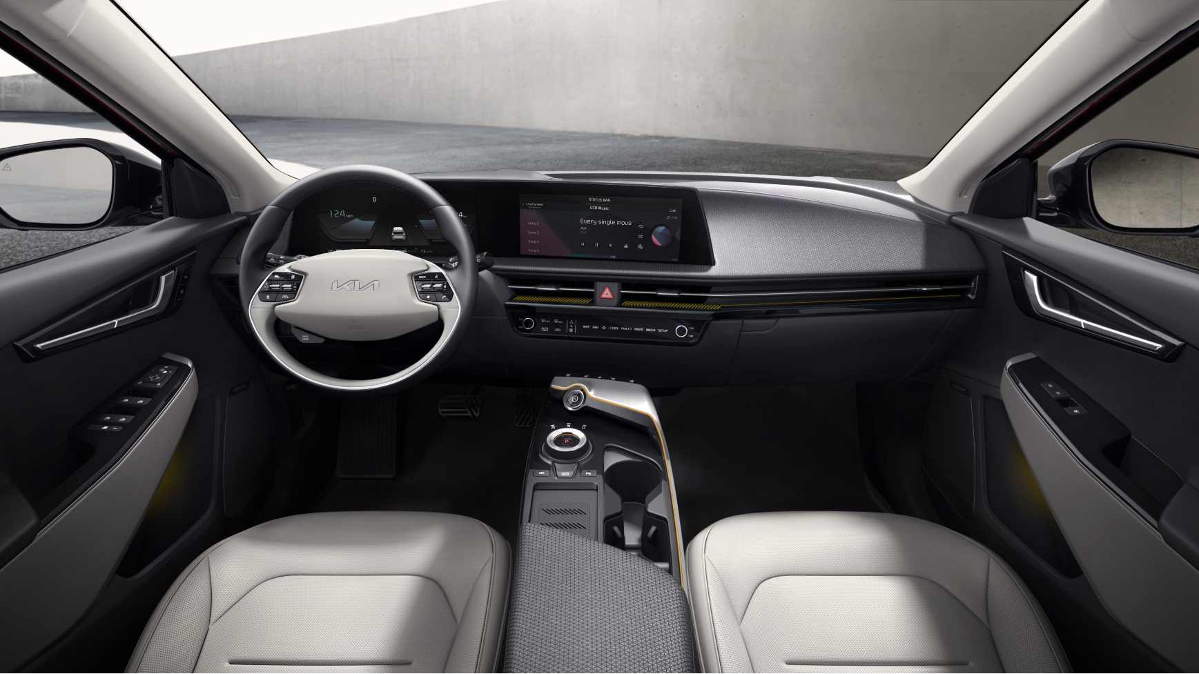 The Kia EV6 features a curved, high-definition touchscreen on the inside. Image: Kia