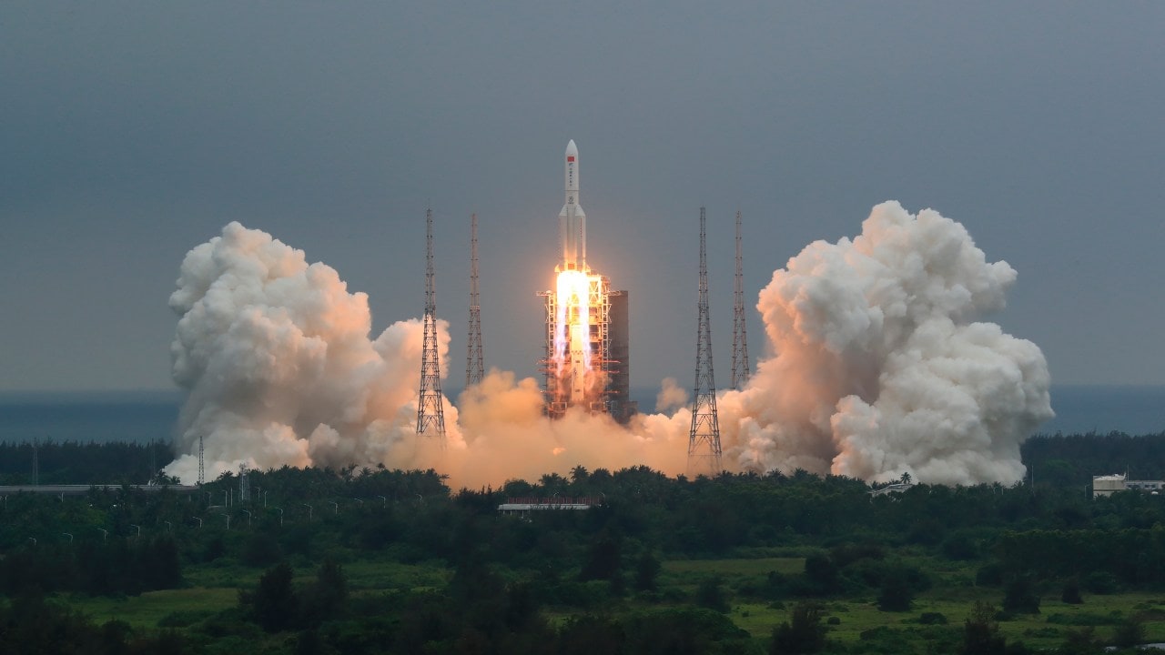 In this photo released by China’s Xinhua News Agency, a Long March 5B rocket carrying a module for a Chinese space station lifts off from the Wenchang Spacecraft Launch Site in Wenchang in southern China’s Hainan Province, Thursday, April 29, 2021. China has launched the core module on Thursday for its first permanent space station that will host astronauts long-term. (Ju Zhenhua/Xinhua via AP)