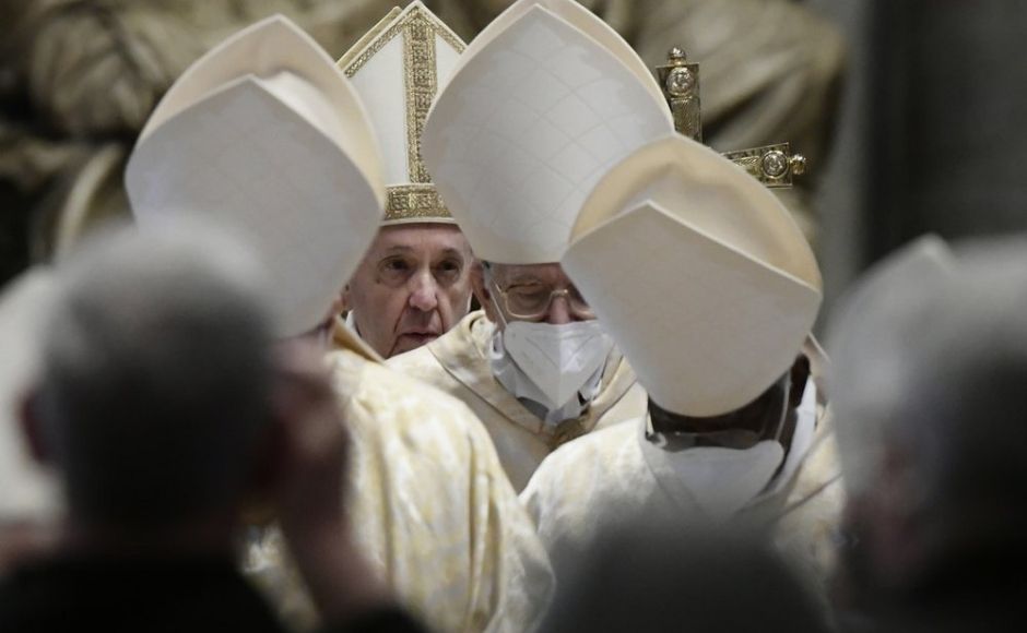 Pope Francis leaves after celebrating Easter Mass at St. Peter's Basilica at The Vatican, during the Covid-19 coronavirus pandemic. Photo via The Associated Press/Filippo Monteforte Pope Francis leaves after celebrating Easter Mass at St. Peter's Basilica at The Vatican, during the Covid-19 coronavirus pandemic. Photo via The Associated Press/Filippo Monteforte