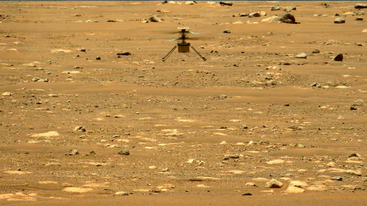NASA’s Ingenuity Mars Helicopter hovers over Jezero Crater during its second experimental flight test on April 22, 2021. The imagery was captured by the Perseverance rover’s Mastcam-Z imager. Credit: NASA/JPL-Caltech/ASU/MSSS