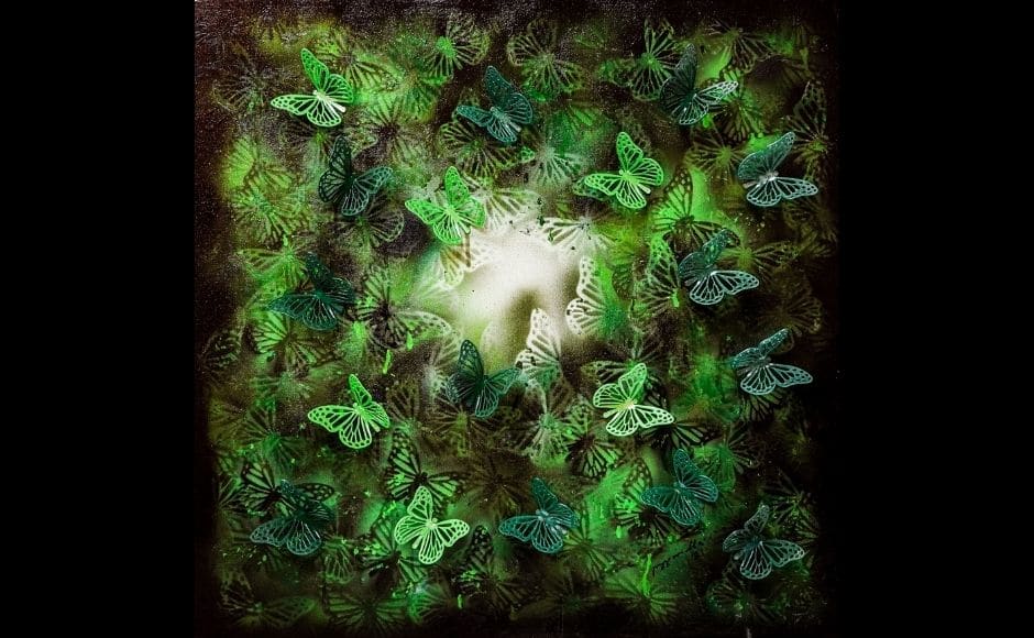 Michelle Poonawalla has created a new work from her Butterfly Series depicting a lush green mangrove forest. The butterfly has often been a motif of her work and highlights the beauty of nature, whilst also showing the fragile and delicate predicament humanity has created for the natural world we encroach upon.