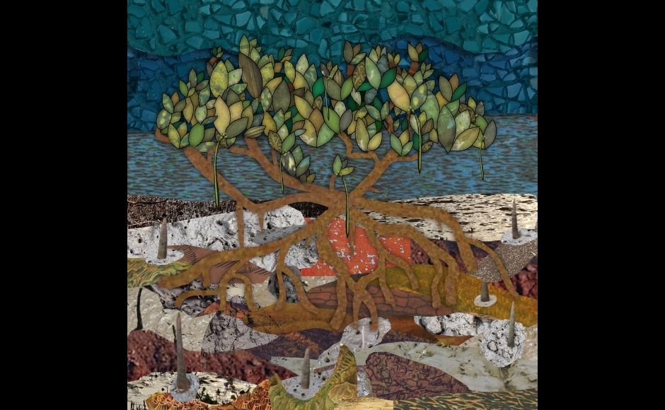 Mixed media artist Afrah Shafiq, explores traditional folk forms, digital art and mosaic to create an animation that highlights the Mangroves as natural dissent outliers that quickly adapt to the changing surroundings.
