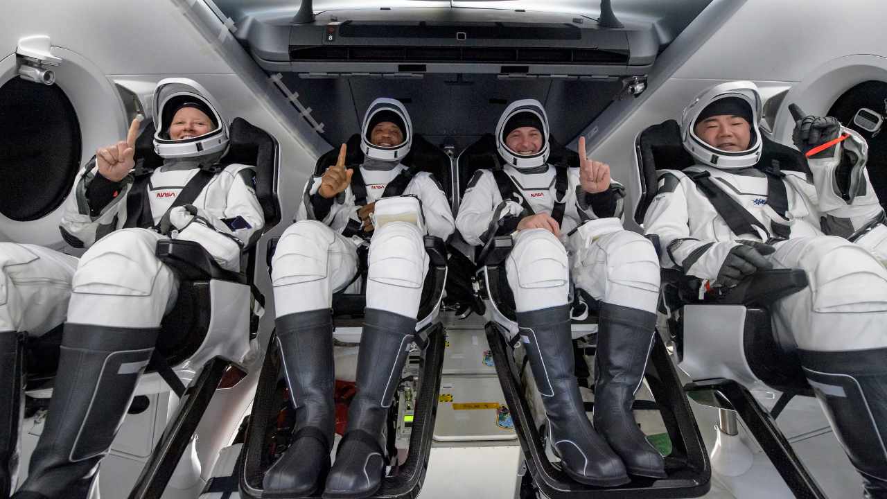 NASA astronauts Shannon Walker, left, Victor Glover, Mike Hopkins, and Japan Aerospace Exploration Agency (JAXA) astronaut Soichi Noguchi, right are seen inside the SpaceX Crew Dragon Resilience spacecraft onboard the SpaceX GO Navigator recovery ship shortly after having landed in the Gulf of Mexico off the coast of Panama City, Florida, Sunday, 2 May 2021. Image credit: NASA/Bill Ingalls
