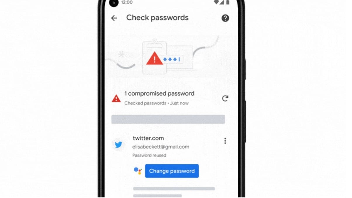 Alerting a user to a compromised password, Chrome will navigate to the site and help them with the entire process of changing the password with a single tap. Image: Google