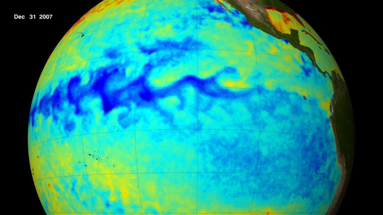 The blue area throughout the center of this image shows the cool sea surface temperature along the equator in the Pacific Ocean during this La Niña episode. Credit: NASA/Goddard's Scientific Visualization Studio