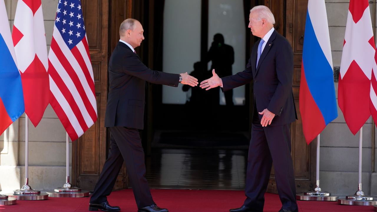 President Joe Biden and Russian President Vladimir Putin shakes hands as they arrive to meet at the 'Villa la Grange' in Geneva, Switzerland. Image credit: AP Photo/Patrick Semansky
