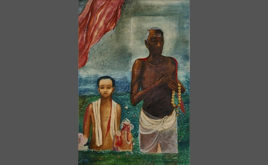 Visarjan | Anjolie Ela Menon | 60 x 4.5 in (152.7 x 103 cm) | Oil on canvas | 1990 Visarjan | Anjolie Ela Menon | 60 x 4.5 in (152.7 x 103 cm) | Oil on canvas | 1990