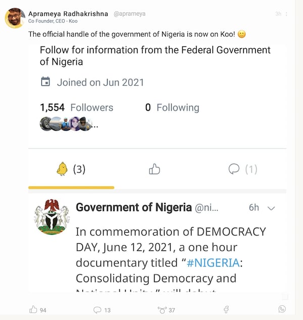 Nigerian government joins Koo. Screenshot: Koo India
