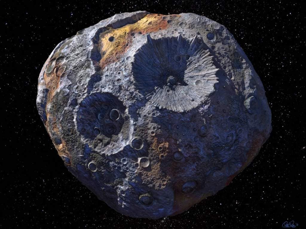 An artist’s concept of asteroid 16 Psyche.Maxar/ASU/P.Rubin/NASA/JPL-Caltech