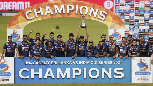 India lift trophy after clinching the three-match series 2-1. They lost the third ODI against Sri Lanka by 3 wickets (DLS Method). AP India lift trophy after clinching the three-match series 2-1. They lost the third ODI against Sri Lanka by 3 wickets (DLS Method). AP