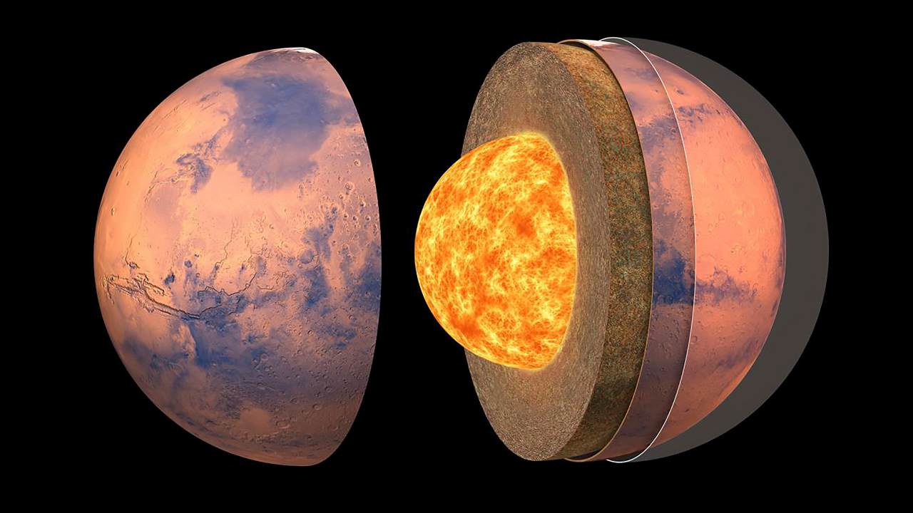 In an undated photo from David Ducros/IPGP, an illustrated cross-section of Mars. A trio of papers reveal the red planet to be something like a colossal candy treat, its crust split into layers of volcanic chocolate, the mantle rigid and toffee-like and the planet’s core light and syrupy. (David Ducros/IPGP via The New York Times) -- NO SALES; FOR EDITORIAL USE ONLY WITH NYT STORY SCI MARS MAPPING BY ROBIN GEORGE ANDREWS FOR JULY 22, 2021. ALL OTHER USE PROHIBITED. --.