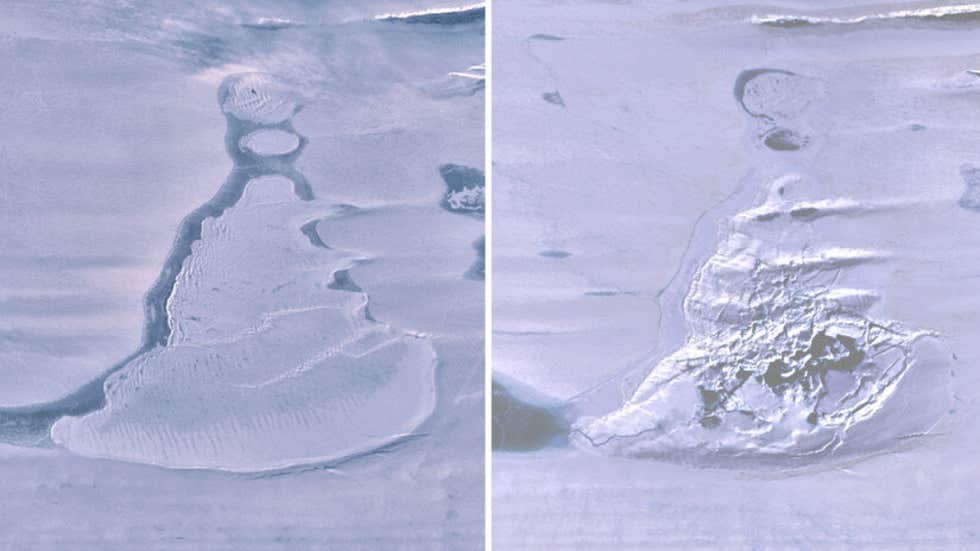 Landsat 8 images over the Southern Amery Ice Shelf show the ice-covered lake before drainage and the resulting ice doline with summer meltwater. Image: Geophysical Research Letters