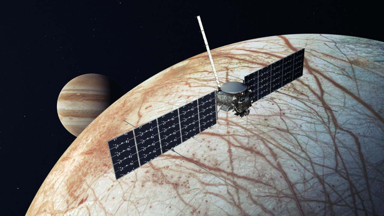 This illustration, updated in December 2020, depicts NASA's Europa Clipper spacecraft. With an internal global ocean twice the size of Earth's oceans combined, Jupiter's moon Europa may have the potential to harbor life. The Europa Clipper orbiter will swoop around Jupiter on an elliptical path, dipping close to the moon on each flyby to collect data. Credits: NASA/JPL-Caltech