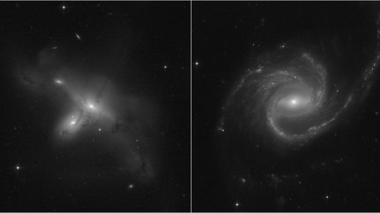 These images, from a program led by Julianne Dalcanton of the University of Washington in Seattle, demonstrate Hubble's return to full science operations. [Left] ARP-MADORE2115-273 is a rarely observed example of a pair of interacting galaxies in the southern hemisphere. [Right] ARP-MADORE0002-503 is a large spiral galaxy with unusual, extended spiral arms. While most disk galaxies have an even number of spiral arms, this one has three. Credits: Science: NASA, ESA, STScI, Julianne Dalcanton (UW) Image processing: Alyssa Pagan (STScI)