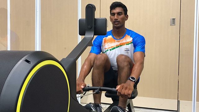 Indian sailor Vishnu Sarvanan leaving no stone unturned to prepare for Games. Here is is training at the Olympics Village gym. Image courtesy: Twitter/@Media_SAI