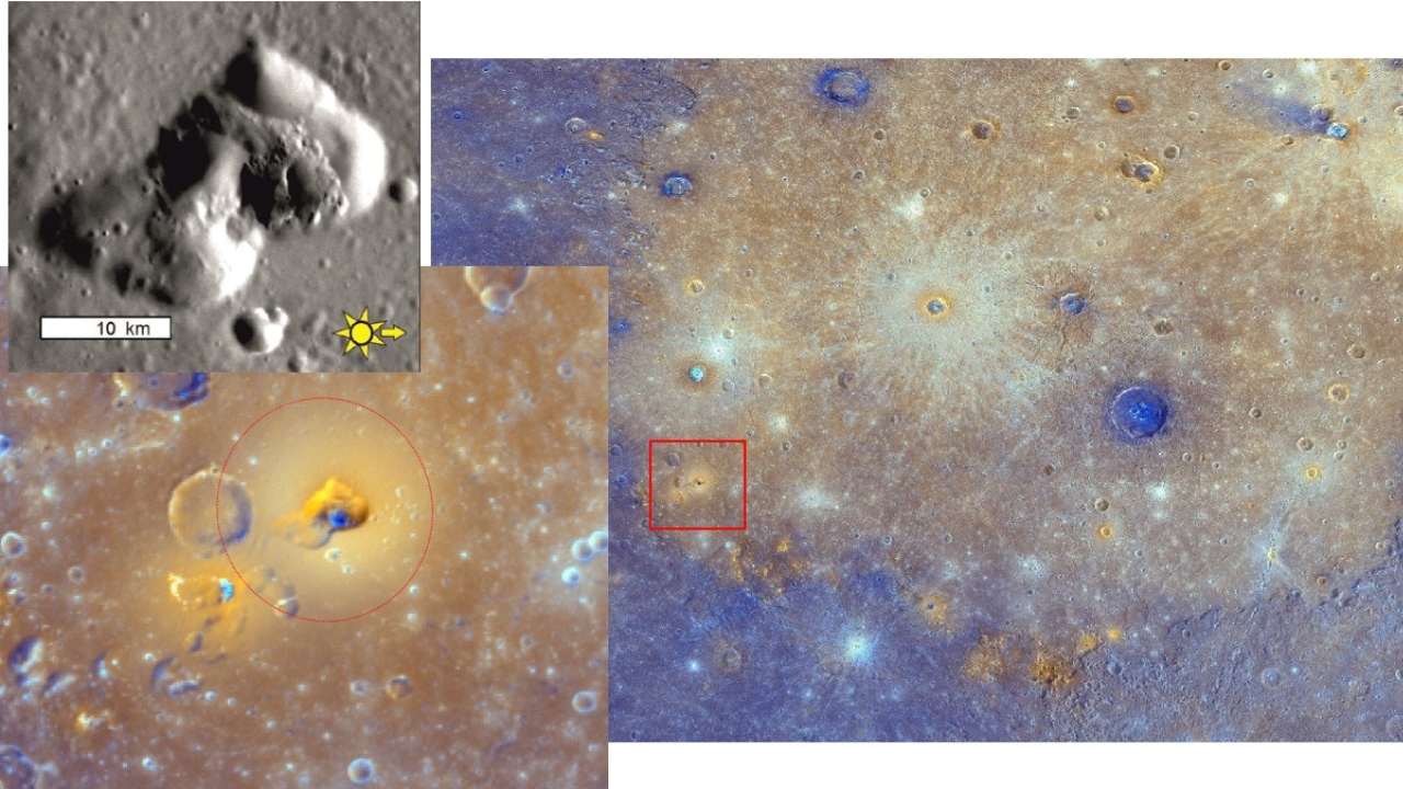 Right: most of Mercury’s Caloris basin, its floor covered by dull, orange lava. Brighter orange patches are remnants of explosive eruptions. Lower left: close-up inside the red box of an explosive volcanic deposit. Upper left: details of the vent interior. NASA/JHUAPL/CIW
