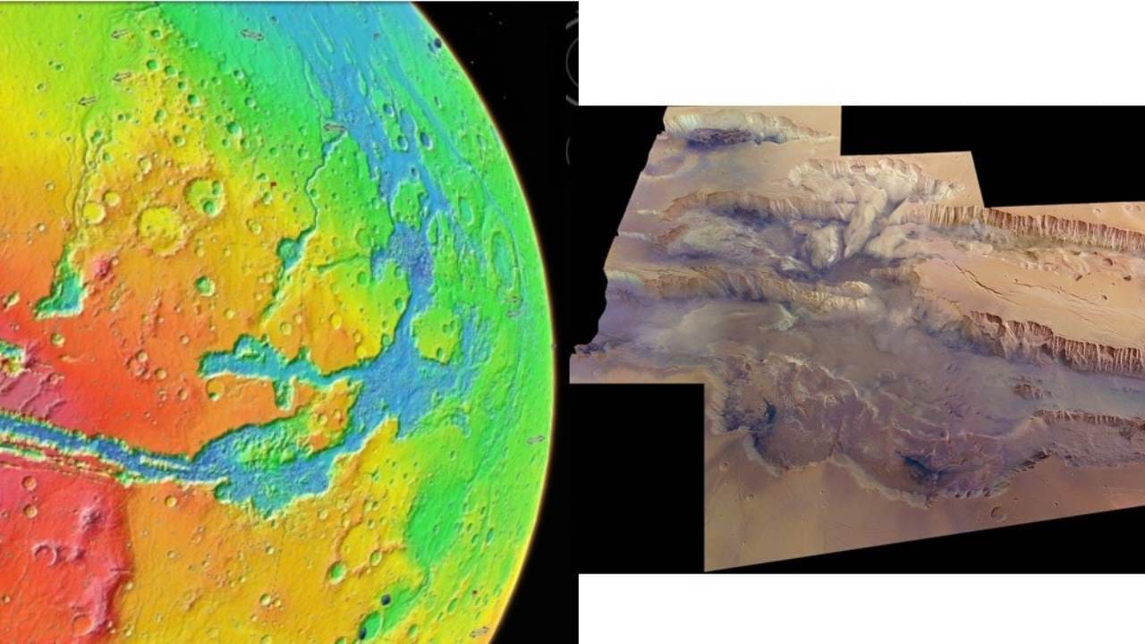 Valles Marineris seen in a colour-coded topographic view as if from 5,000 km above the surface (left), and imaged by the High Resolution Stereo Camera on Esa’s Mars Express (right). Google Earth and NASA/USGS/ESA/DLR/FU Berlin (G. Neukum)