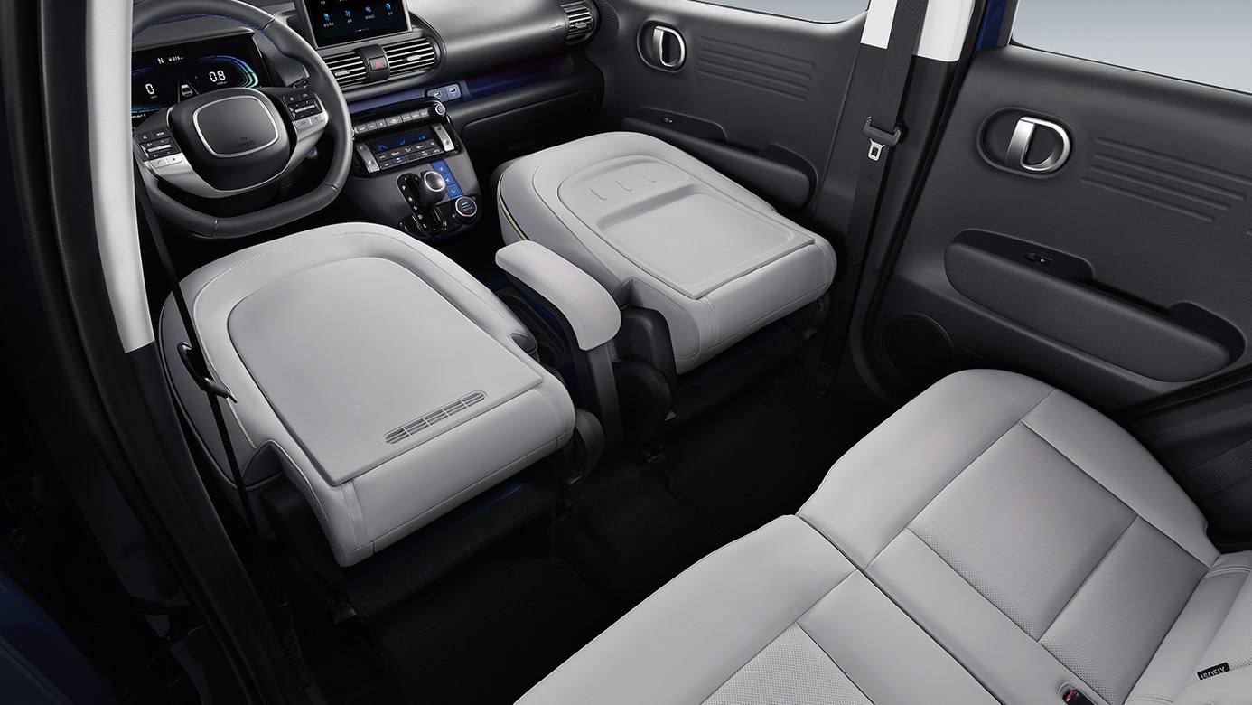 Hyundai says the Casper is the first production vehicle to feature a flat-folding first row of seats. Image: Hyundai