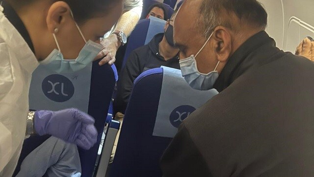 Union minister Bhagwat Karad gives medical aid to passenger who felt uneasy aboard IndiGo flight Union minister Bhagwat Karad gives medical aid to passenger who felt uneasy aboard IndiGo flight