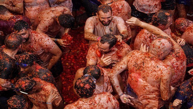 People lather each other up with tomato pulp at the La Tomatina Festival in Spain. The festival is celebrated every year by thousands of revellers, who throw ripe and low-quality tomatoes at each other. This year was the 75th edition of the festival. AP People lather each other up with tomato pulp at the La Tomatina Festival in Spain. The festival is celebrated every year by thousands of revellers, who throw ripe and low-quality tomatoes at each other. This year was the 75th edition of the festival. AP
