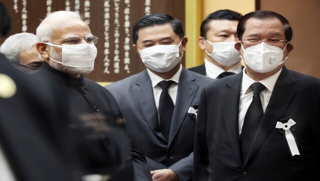 Prime Minister Narendra Modi waits with his Cambodian counterpart Hun Sen after they attended Abe’s state funeral. AP Prime Minister Narendra Modi waits with his Cambodian counterpart Hun Sen after they attended Abe’s state funeral. AP