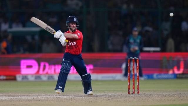 Ben Duckett made efforts to bring England’s innings back on track with a 24-ball 33 but fell in the 8th over with 57 runs on the board for England. AP Ben Duckett made efforts to bring England’s innings back on track with a 24-ball 33 but fell in the 8th over with 57 runs on the board for England. AP