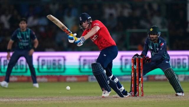 Harry Brook (34) and Moeen Ali (29) kept England in the chase by taking the score past 100 but left the visitors in a tricky situation with the duo departing in space of six deliveries by the 14th over. AP Harry Brook (34) and Moeen Ali (29) kept England in the chase by taking the score past 100 but left the visitors in a tricky situation with the duo departing in space of six deliveries by the 14th over. AP