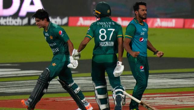 Naseem Shah (far left) two back-to-back sixes in the 20th over ensured Pakistan's passage to Asia Cup 2022 final as the side defeated Afghanistan by a wicket in a dramatic Super Four encounter. AP