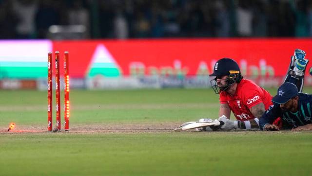 Liam Dawson kept England in the match by scoring 34 off 17 at the death but the visitors pressed the panic button at the death as they lost their last three wickets in space of just one run to be bundled out for 163. Recee Topley (in photo) was the last wicket to fall as he was ran out while taking a single. AP