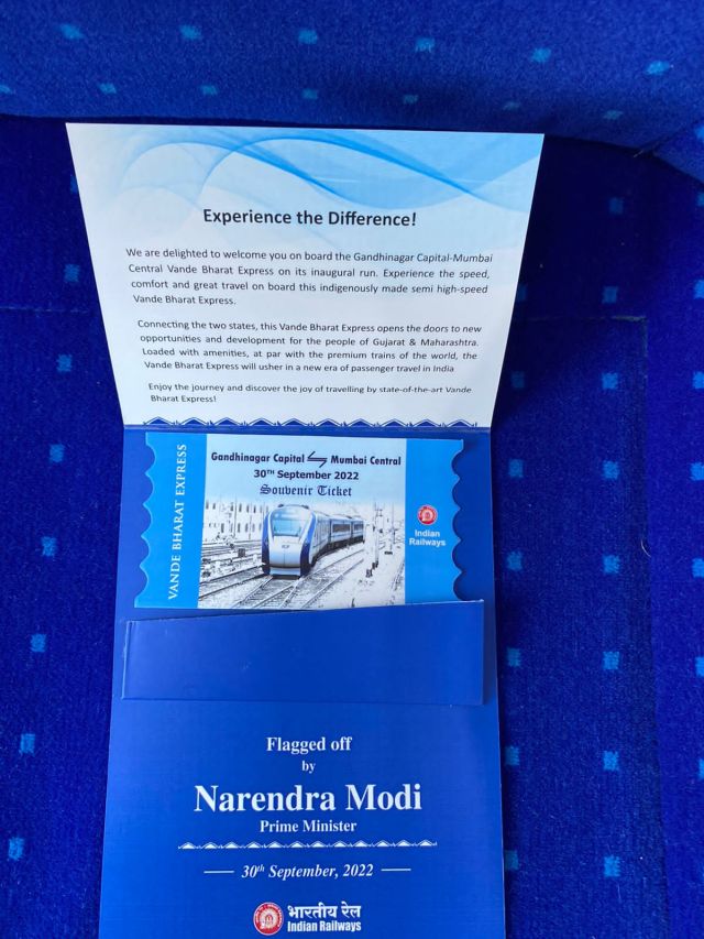 A personalised ticket of the Vande Bharat Express for Prime Minister Narendra Modi. After flagging off the train from Gandhinagar, Modi boarded the train for a ride between Gandhinagar and Kalupur railway station in Ahmedabad. News18 A personalised ticket of the Vande Bharat Express for Prime Minister Narendra Modi. After flagging off the train from Gandhinagar, Modi boarded the train for a ride between Gandhinagar and Kalupur railway station in Ahmedabad. News18