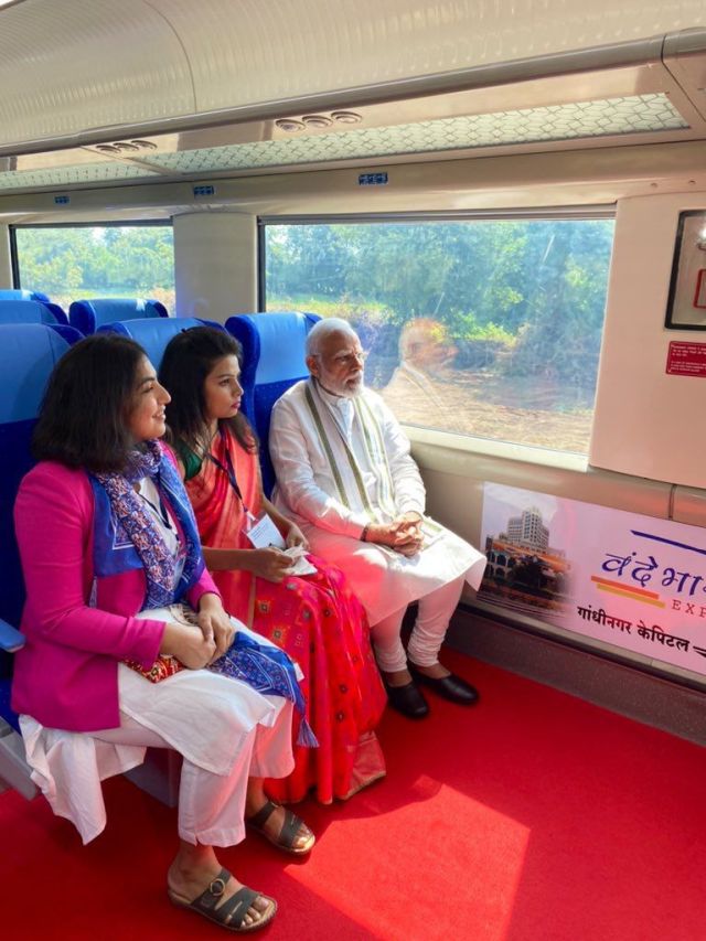 Prime Minister Narendra Modi interacting with women running start-ups and women in research during a ride in the Vande Bharat train. According to a PTI report, the train will operate six days a week, from Monday to Saturday. The train will depart from the Mumbai Central station at 6:10 am and reach Gandhinagar at 12:30 pm. News18 Prime Minister Narendra Modi interacting with women running start-ups and women in research during a ride in the Vande Bharat train. According to a PTI report, the train will operate six days a week, from Monday to Saturday. The train will depart from the Mumbai Central station at 6:10 am and reach Gandhinagar at 12:30 pm. News18