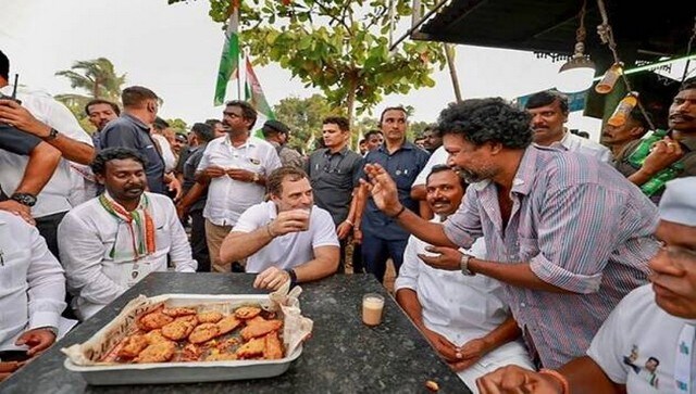 Rahul Gandhi stopped at a small tea shop in Tamil Nadu for tea and snacks. PTI Rahul Gandhi stopped at a small tea shop in Tamil Nadu for tea and snacks. PTI