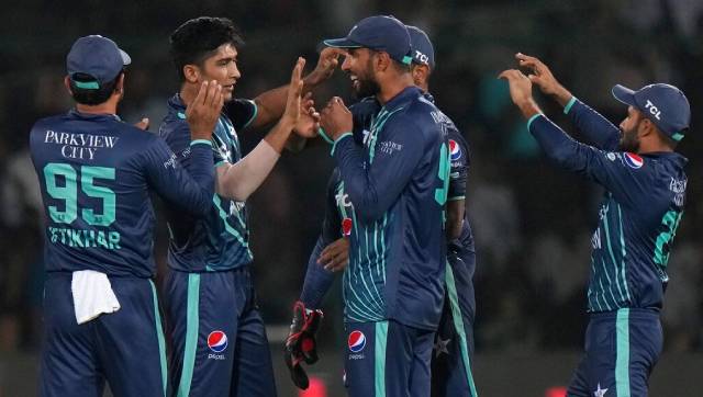 Young pacer Mohammad Hasnain (second from left) provided strong start to Pakistan by removing two of English frontline batters in his first two overs. AP