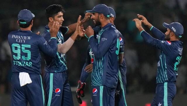 Young pacer Mohammad Hasnain (second from left) provided a strong start to Pakistan by removing two of the English frontline batters in his first two overs. AP Young pacer Mohammad Hasnain (second from left) provided a strong start to Pakistan by removing two of the English frontline batters in his first two overs. AP