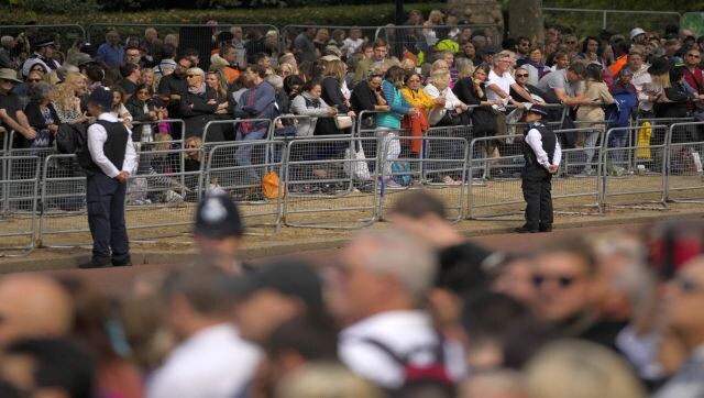 Security was heightened as the Queen’s coffin made its way to Westminster. AP Security was heightened as the Queen’s coffin made its way to Westminster. AP