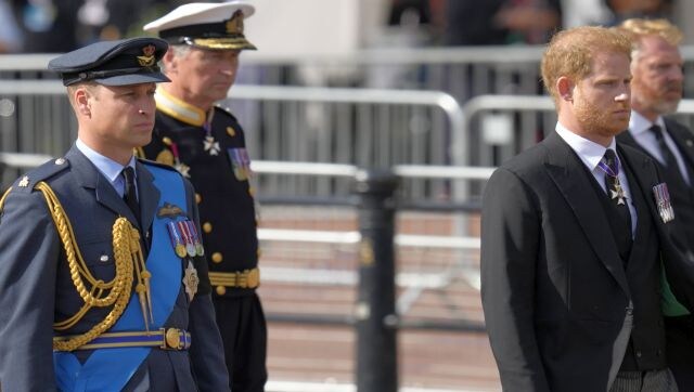 William and Harry stood next to each other as they accompanied their beloved grandmother on to Parliament. Their wives travelled separately in cars behind. AP William and Harry stood next to each other as they accompanied their beloved grandmother on to Parliament. Their wives travelled separately in cars behind. AP
