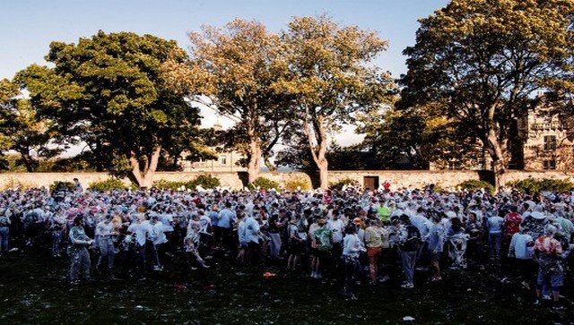 Freshers or ‘children’ lathered up in foam from head to toe. The new students were also pictured in fancy dresses at St. Salvator’s Lower College Lawn. Nowadays, the tradition of giving raisins and getting doused in a fountain has been replaced with wine and foam. AFP Freshers or ‘children’ lathered up in foam from head to toe. The new students were also pictured in fancy dresses at St. Salvator’s Lower College Lawn. Nowadays, the tradition of giving raisins and getting doused in a fountain has been replaced with wine and foam. AFP