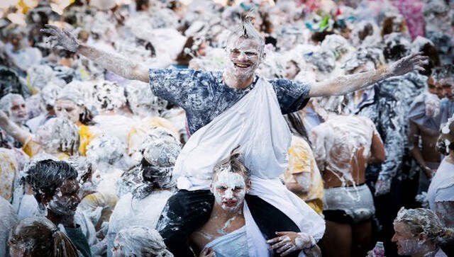 First-year students of the University of St. Andrews, take part in the annual ‘Raisin Monday Shaving Foam Fight’ at the Lower College Lawn in eastern Scotland. Raisin Monday weekend is organised to help new students or freshers who are known as ‘children’ to integrate into the new college life more easily. AFP First-year students of the University of St. Andrews, take part in the annual ‘Raisin Monday Shaving Foam Fight’ at the Lower College Lawn in eastern Scotland. Raisin Monday weekend is organised to help new students or freshers who are known as ‘children’ to integrate into the new college life more easily. AFP