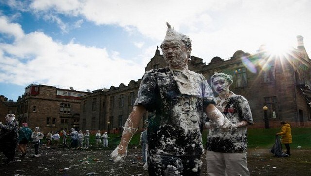 A fresher covered in foam that is so thick that he was able to style his hair. According to a report by Daily Mail, this year students also donated items to a collection for the Storehouse foodbank in St. Andrews. AFP A fresher covered in foam that is so thick that he was able to style his hair. According to a report by Daily Mail, this year students also donated items to a collection for the Storehouse foodbank in St. Andrews. AFP