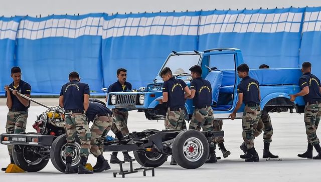 The mechanical transport team demonstrated its expertise by dismantling a vehicle and reassembling it in a short time. The IAF’s air warrior drill team displayed its brilliant rifle-handling drill manoeuvres. PTI Photo The mechanical transport team demonstrated its expertise by dismantling a vehicle and reassembling it in a short time. The IAF’s air warrior drill team displayed its brilliant rifle-handling drill manoeuvres. PTI Photo