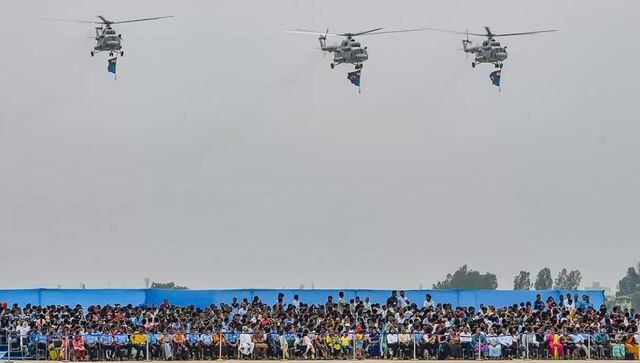 Three ALH Mk IVs also performed a fly-past in Rudra formation. Powered hand gliders and paramotors also conducted a fly-past on the 90th-anniversary celebrations of IAF. PTI Photo Three ALH Mk IVs also performed a fly-past in Rudra formation. Powered hand gliders and paramotors also conducted a fly-past on the 90th-anniversary celebrations of IAF. PTI Photo