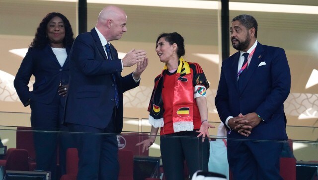Belgium Foreign Minister Hadja Lahbib, wearing a “One Love” armband, talks with FIFA President Gianni Infantino during the World Cup group F match between Belgium and Canada. (AP) Belgium Foreign Minister Hadja Lahbib, wearing a “One Love” armband, talks with FIFA President Gianni Infantino during the World Cup group F match between Belgium and Canada. (AP)