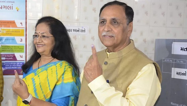 Former Gujarat Chief Minister Vijay Rupani and his wife Anjali Rupani pose for pictures with an inked finger after casting their vote in Rajkot. Voting started at 8 am and continued till 5 pm across 14, 382 polling stations, said the state Chief Electoral Officer. Till 3 pm, the highest voter turnout was recorded at 63.98 per cent from Tapi and the lowest was recorded at 42.44 per cent in Jamnagar. PTI Former Gujarat Chief Minister Vijay Rupani and his wife Anjali Rupani pose for pictures with an inked finger after casting their vote in Rajkot. Voting started at 8 am and continued till 5 pm across 14, 382 polling stations, said the state Chief Electoral Officer. Till 3 pm, the highest voter turnout was recorded at 63.98 per cent from Tapi and the lowest was recorded at 42.44 per cent in Jamnagar. PTI