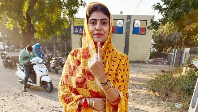 BJP candidate Rivaba Jadeja shows her finger marked with ink after she cast her vote in Rajkot. PTI BJP candidate Rivaba Jadeja shows her finger marked with ink after she cast her vote in Rajkot. PTI